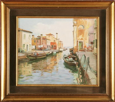 FANTINI P. Canale a Chioggia. Olio su tela, cm 60x50. Firma in basso a...