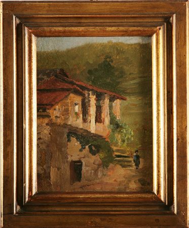 FRISIA DONATO (1883 - 1953) Cascina con figura. 1912 Olio su cartone...