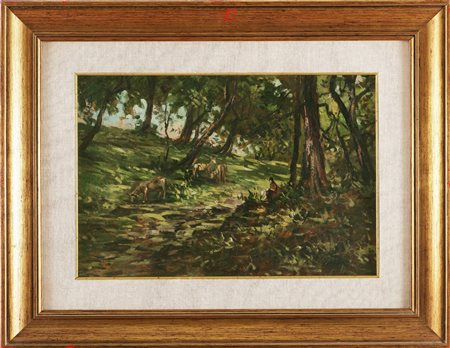 FIESSI ANGELO (1891 - 1997) Caprette e pastorella. Olio su cartone pressato,...