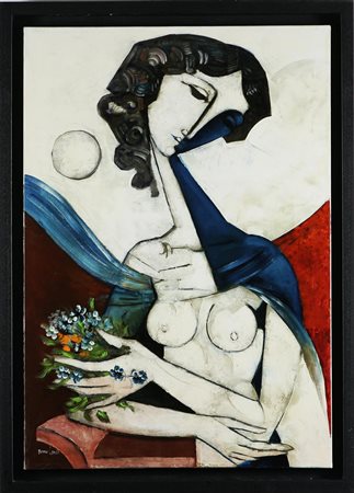 LANDI BRUNO (n. 1941) Donna con fiori. 2006 Olio su tela, cm 70x100....