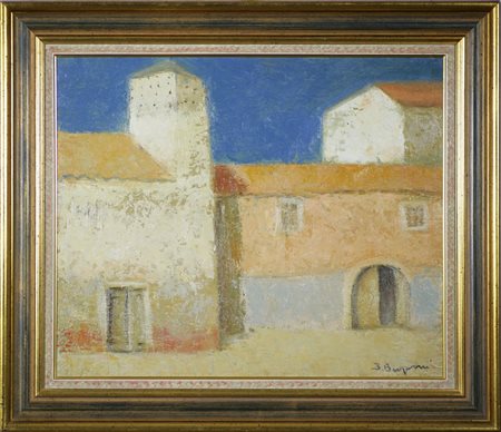 BERGOMI GIACOMO (1923 - 2003) Cascinale. Olio su faesite, cm 60x50. Opera...