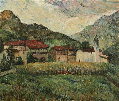 TOSI ARTURO (1871 - 1956) Paesaggio montano con case. Olio su tela, cm 70x60....