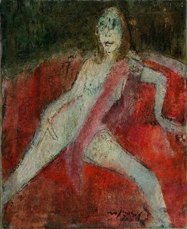 ROGNONI FRANCO (1913 - 1999) Ragazza sul divano. 1971 Olio su tela, cm 55x46....