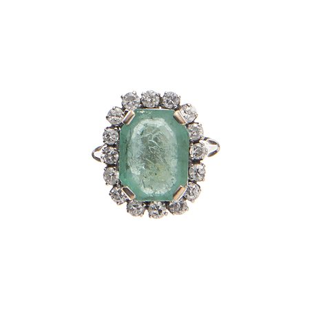 Anello in oro bicolore 18kt Centrato da smeraldo taglio rettangolare a...