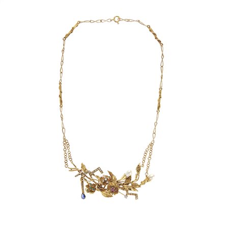 Collana in oro giallo 18kt Con centrale stilizzato decorato da perle...