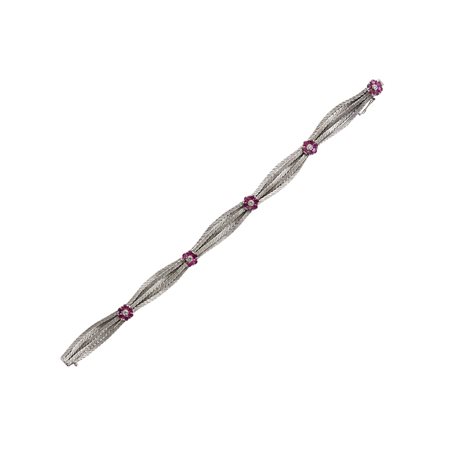 Bracciale in oro bianco 18kt Con motivo a fiori con rubini taglio rotondo e...