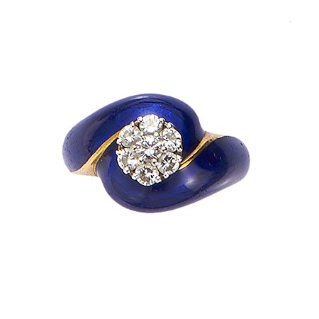 Anello in oro bicolore 18kt Diamanti taglio brillante e smalto blu, difetti...