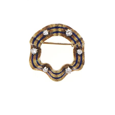 Spilla in oro giallo 18kt Decorata da incisioni e smalto blu, diamanti taglio...