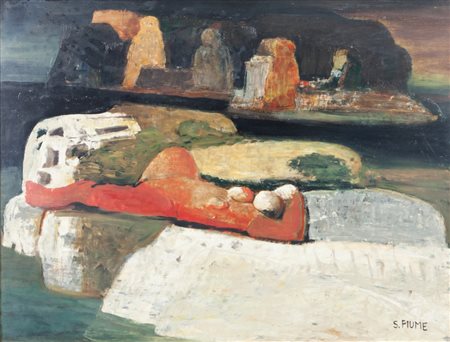 SALVATORE FIUME (1915-1997) Isola di statue (primi anni '60)olio su masonite...