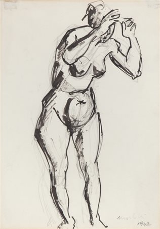 ENNIO MORLOTTI (1910-1992) Nudo 1942china e matita su carta cm 35x25firmato e...