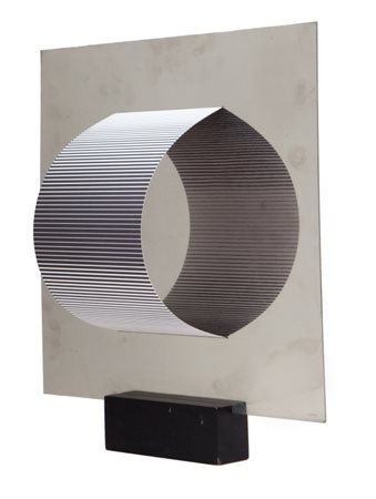 GETULIO ALVIANI (1939-2018) Cilindro virtualeacciaio e serigrafia cm 33x33x9...