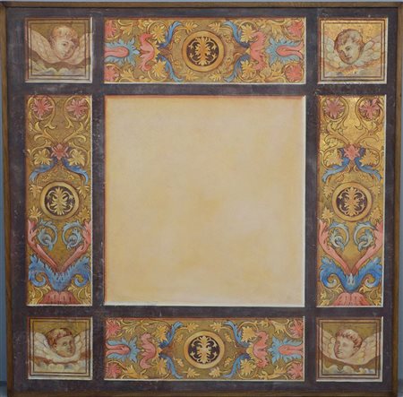 Pannello decorativo su legno dipinto con motivi floreali e cherubini (cm...