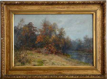 Walter Follen Bishop (Liverpool 1856 - 1936)"Paesaggio con fiume" olio su...
