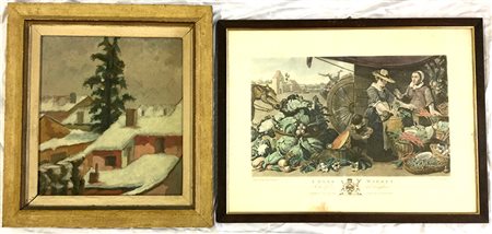 Lotto composto da un dipinto ad olio su masonite raffigurante un paesaggio e...