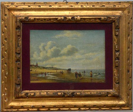 Ignoto "Paesaggio con spiaggia e figure" olio su tela applicata su tavoletta...