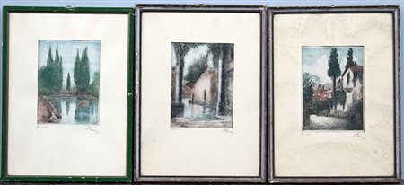 Lotto composto da tre litografie a colori raffiguranti paesaggi, in cornici