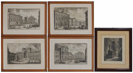 Gruppo di quattro incisioni raffiguranti edifici cui si unisce una con...