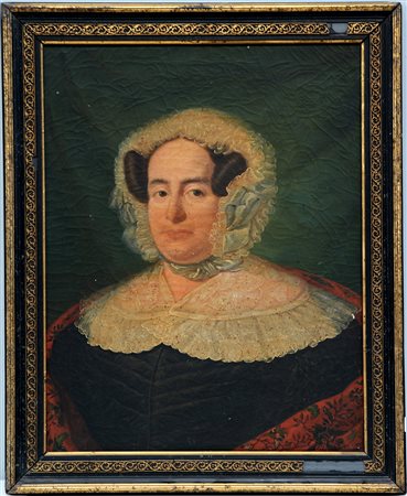 Scuola del secolo XX "Gentildonna con cuffia" Olio su tela (cm 62,5x49,2) In...