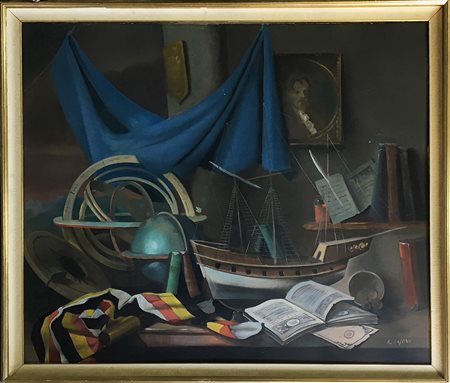 Gajoni Adriano (Milano 1913 - 1965)“Interno con veliero e astrolabio” olio su...
