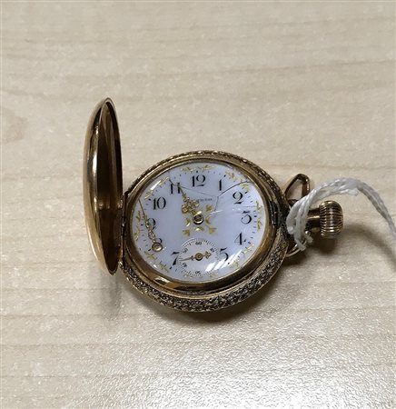 WALTHAM Orologio da tasca da donna in oro 14K, savonnette decorato con fiore...