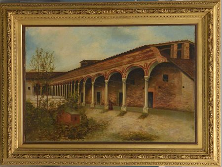 Ignoto "Il chiostro del monastero" olio su tela (cm 57x84) In cornice (difetti)