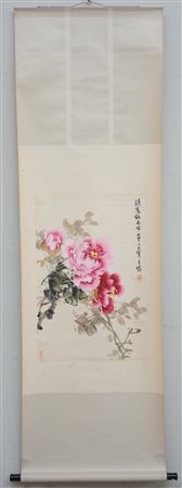 Dipinto raffigurante peonie in fiore, con calligrafia e sigilli, inchiostro e...