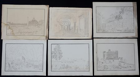 Lotto composto da numerose stampe delineate raffiguranti paesaggi romani...