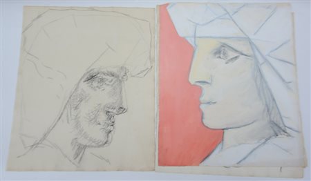 Ignoto del secolo XX, gruppo di cinque grandi studi su carta di tecniche...