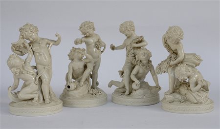 Lotto di quattro gruppi in porcellana bianca raffiguranti putti allegorici (h...