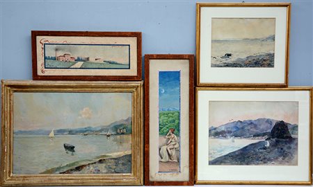 Lotto composto da quattro opere su carta raffiguranti paesaggi marini e una...