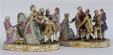 Manifattura tedesca fine del secolo XIX "Scene galanti" due grupi i...