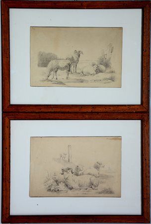 Scuola del secolo XIX ''Paesaggi con armenti'' due disegni a matita su carta...