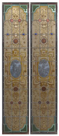 Coppia di vetrate con vetri policromi legati al piombo (cm 206x43) (difetti)