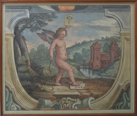 Ignoto del secolo XX "Putto in un paesaggio" strappo d'affresco (cm 117x139)...