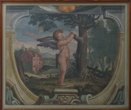 Ignoto del secolo XX "Putto in un paesaggio" strappo d'affresco (cm 117x139)...