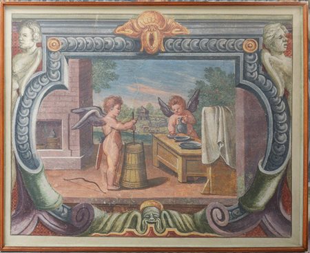 Ignoto del secolo XX "Putti in un paesaggio" strappo d'affresco (cm 140x174)...