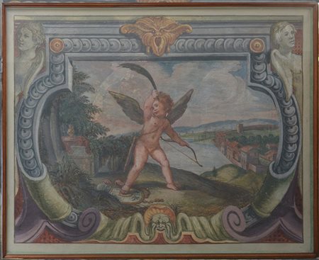 Ignoto del secolo XX "Putti in un paesaggio" strappo d'affresco (cm 140x174)...