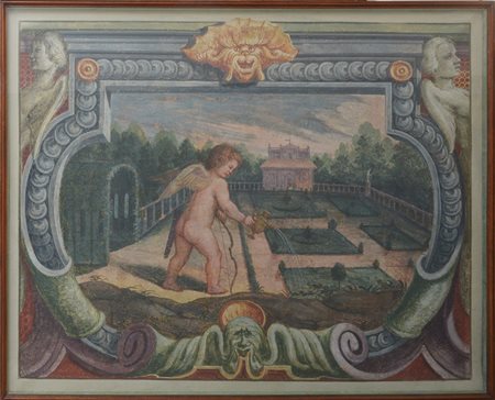 Ignoto del secolo XX "Putti in un paesaggio" strappo d'affresco (cm 140x174)...