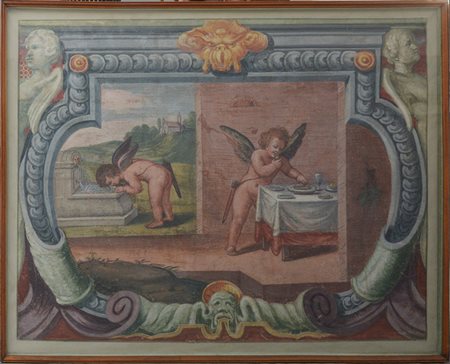 Ignoto del secolo XX "Putti in un paesaggio" strappo d'affresco (cm 140x174)...