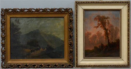 Scuola del secolo XIX "Paesaggio con figura di eremita" e "Paesaggio montano...