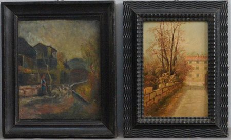 Due dipinti ad olio raffiguranti paesaggi con cascinali, misure diverse, in...