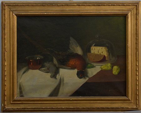 Firma indecifrata "Natura morta con fagiani" olio su tela (cm 60x80)firmato...