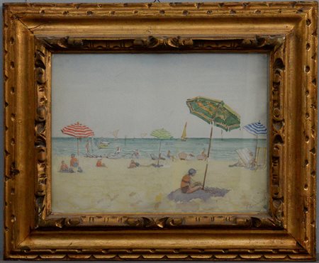 Girardon - "Spiaggia con bagnanti, ombrelloni e barche" acquarello su carta...