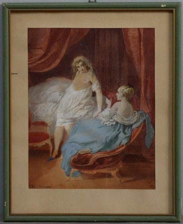 Morgari "Scena d'interno con figure di donne in abiti discinti" acquarello su...