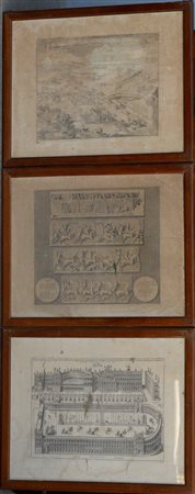 Lotto di cinque antiche incisioni raffiguranti scene di battaglia, scorci e...