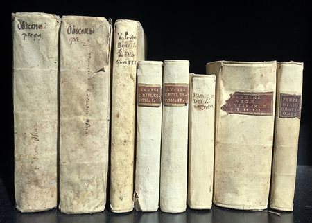 Una serie di libri di argomento religioso rilegati in pergamena coeva, vari...