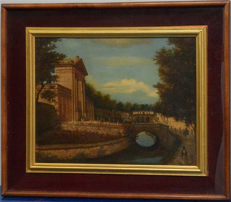 Ignoto del XIX Secolo "La porta della città" olio su carta (cm 34x43.5) In...