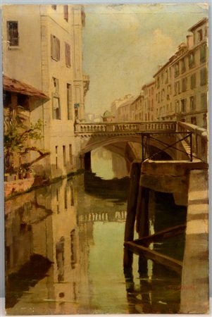 Carlo Savorgnani (XIX-XX Secolo 0)"Ponte sul Naviglio" olio su cartone telato...