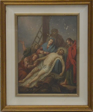 Scuola del secolo XVIII "Compianto su Cristo morto" olio su carta applicata...
