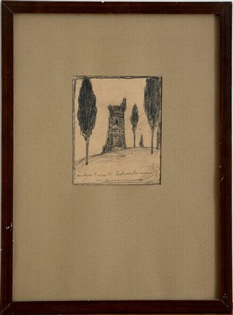 Giuseppe Bozzalla (Biella 1874 - 1958)"Paesaggio con torre e alberi" matita...